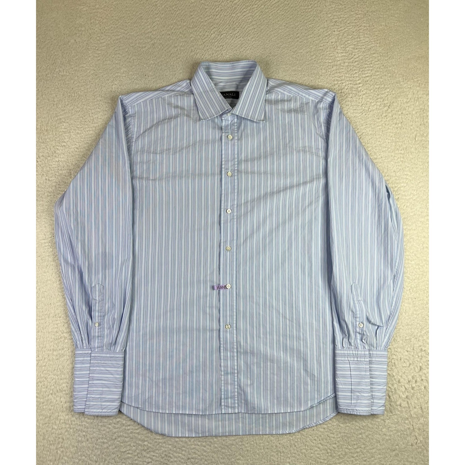 Canali Dress Shirt Mens 17.5 34/35 Blue Stripe Regular Fit Made In Italy Ls
